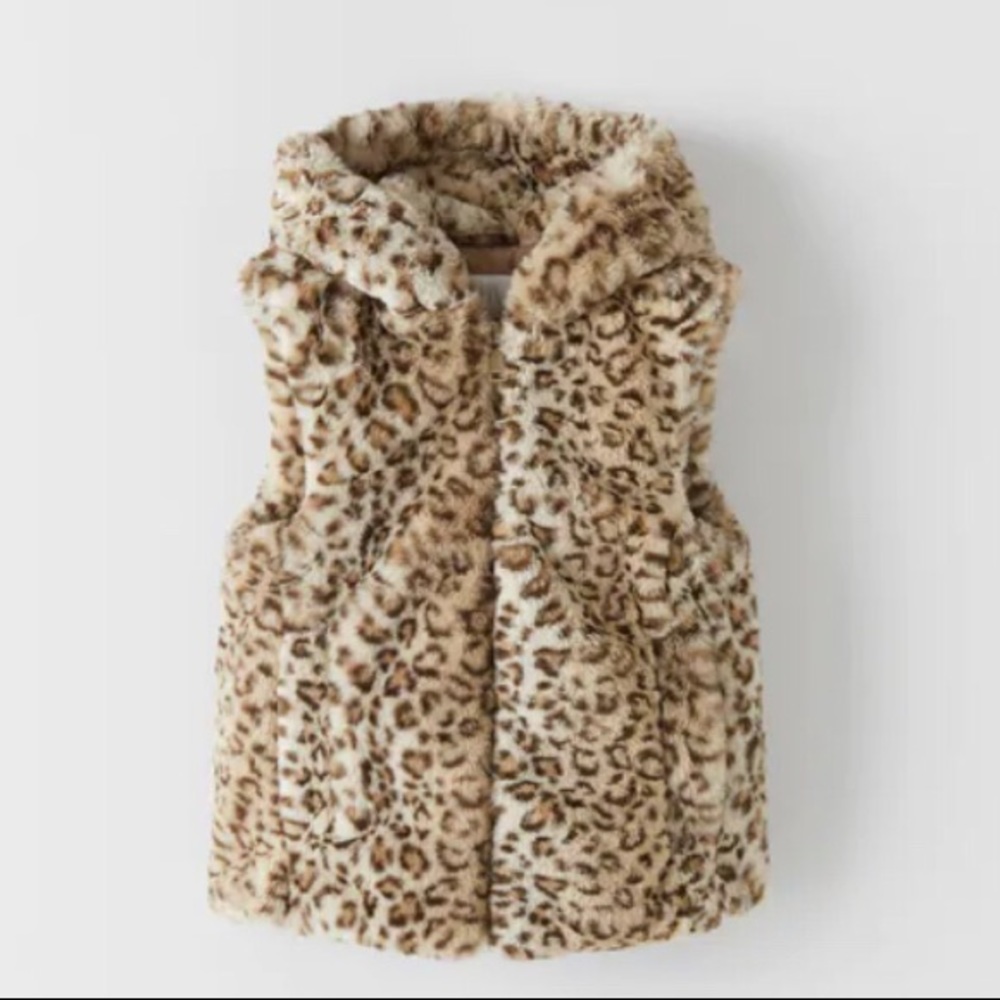 Zara Kids Faux Fur Vest Animal Print with Hood NWT